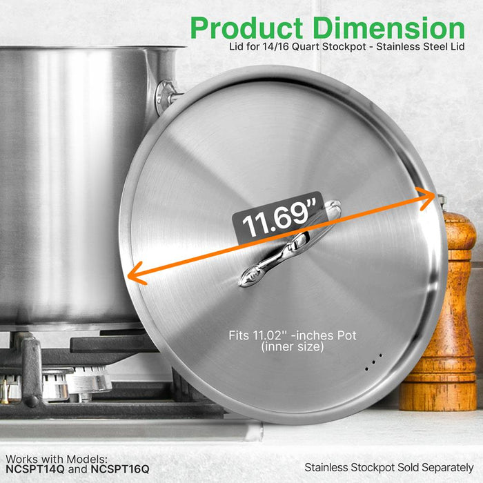 Lid For 14/16 Quart Stockpot - Stainless Steel Lid, Works With Model Numbers: Ncspt14Q And Ncspt16Q