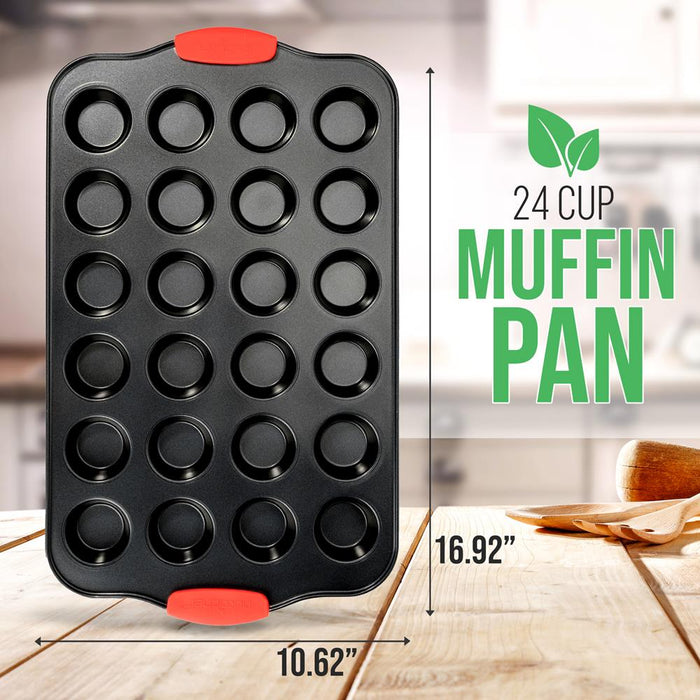 24 Cup Muffin Pan - Deluxe Nonstick Gray Coating Inside & Outside With Red Silicone Handles, Compatible With Model: Ncsbs10S (Black)