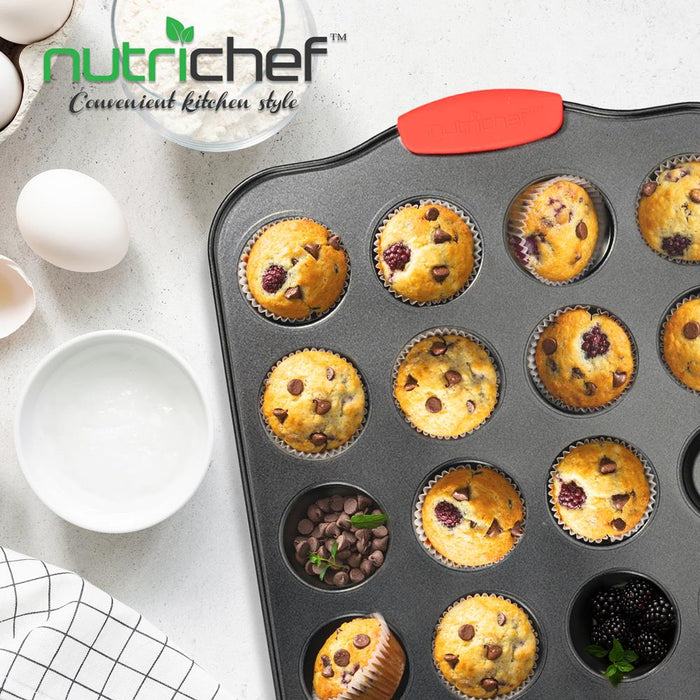 24 Cup Muffin Pan - Deluxe Nonstick Gray Coating Inside & Outside With Red Silicone Handles, Compatible With Model: Ncsbs10S (Black)