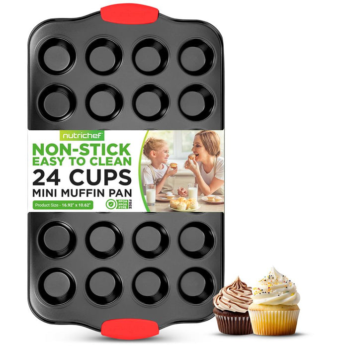 24 Cup Muffin Pan - Deluxe Nonstick Gray Coating Inside & Outside With Red Silicone Handles, Compatible With Model: Ncsbs10S (Black)