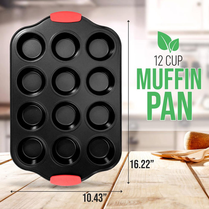 12 Cup Muffin Pan - Deluxe Nonstick Gray Coating Inside & Outside With Red Silicone Handles, Compatible With Models: Ncsbs10S, Ncsbs8S, Ncsbs6S (Black)