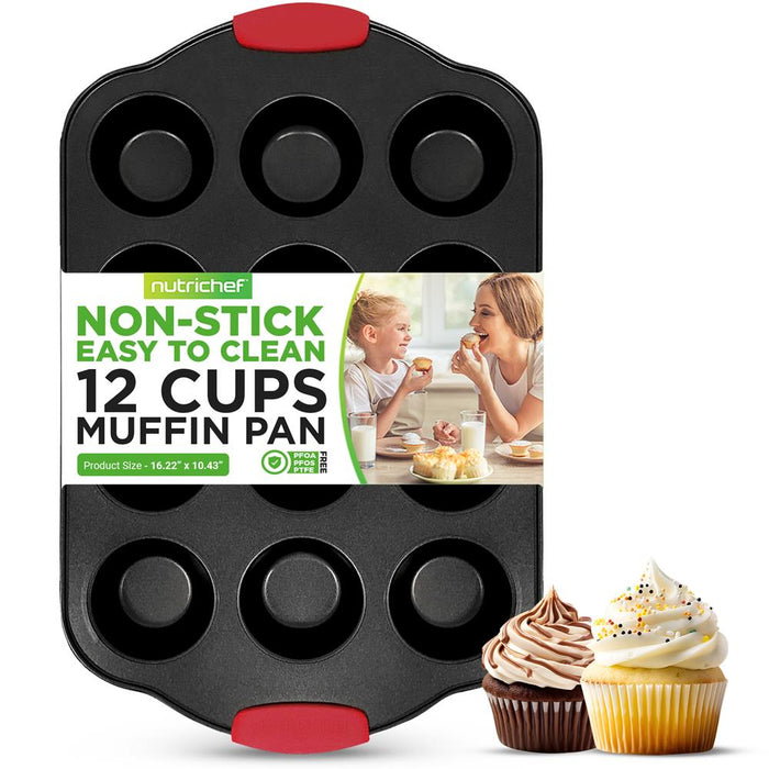 12 Cup Muffin Pan - Deluxe Nonstick Gray Coating Inside & Outside With Red Silicone Handles, Compatible With Models: Ncsbs10S, Ncsbs8S, Ncsbs6S (Black)