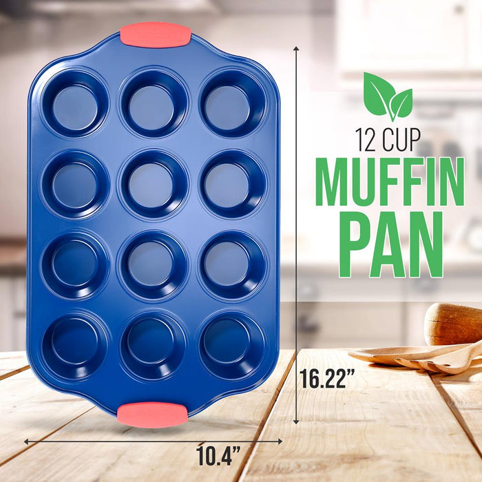 12 Cup Muffin Pan - Deluxe Nonstick Blue Coating Inside & Outside With Red Silicone Handles,  Compatible With Models: Ncsbsbl10, Ncsbsbl8, Ncsbsbl6 (Blue)