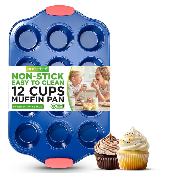 12 Cup Muffin Pan - Deluxe Nonstick Blue Coating Inside & Outside With Red Silicone Handles,  Compatible With Models: Ncsbsbl10, Ncsbsbl8, Ncsbsbl6 (Blue)