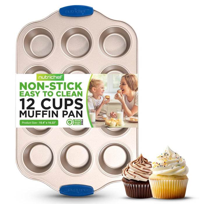 12 Cup Muffin Pan - Deluxe Nonstick Gold Coating Inside & Outside With Blue Silicone Handles,  Compatible With Models: Ncsbsg78, Ncsbsg60, Ncsbsg36 (Gold)