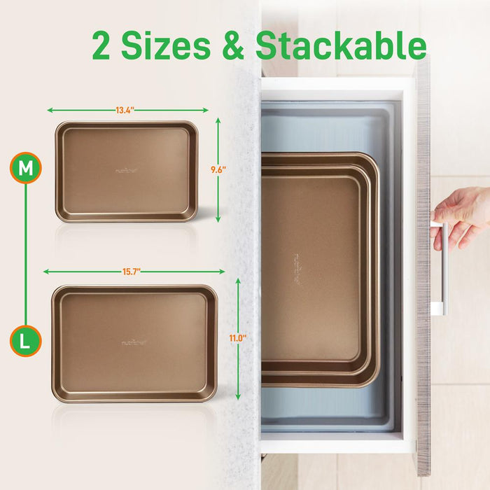 Nonstick Cookie Sheet Baking Pan | 2Pc Large And Medium Metal Oven Baking Tray Sheet Set - Professional Quality Kitchen Cooking Non-Stick Bake Trays W/ Rimmed Borders, Guaranteed Not To Warp - Fda Approved.