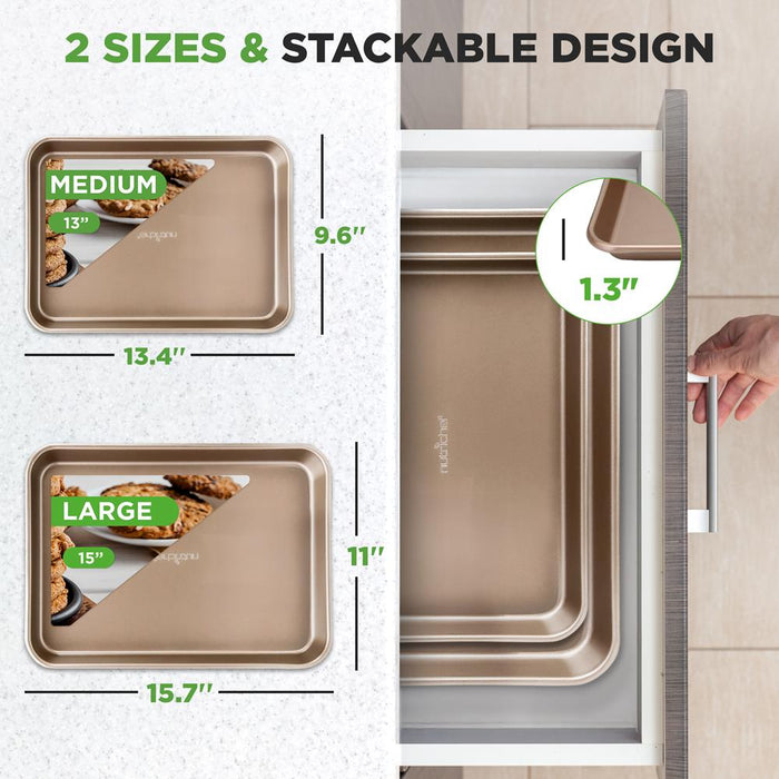 Nonstick Cookie Sheet Baking Pan | 2Pc Large And Medium Metal Oven Baking Tray Sheet Set - Professional Quality Kitchen Cooking Non-Stick Bake Trays W/ Rimmed Borders, Guaranteed Not To Warp - Fda Approved.