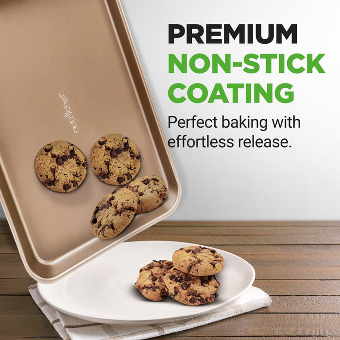 Nonstick Cookie Sheet Baking Pan | 2Pc Large And Medium Metal Oven Baking Tray Sheet Set - Professional Quality Kitchen Cooking Non-Stick Bake Trays W/ Rimmed Borders, Guaranteed Not To Warp - Fda Approved.