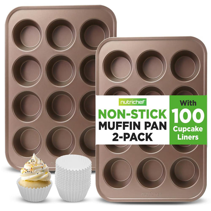 12 Cup Nonstick Muffin Pans, Easy Release Carbon Steel, Gold