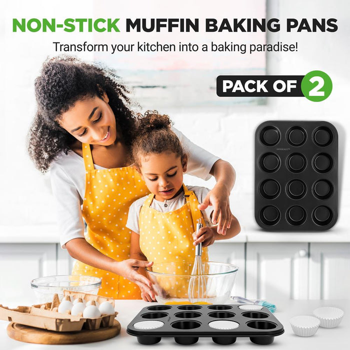 2-Piece 12 Cup Kitchen Oven Muffin Baking Pans With 100 Pieces Parchment Cupcake Liners - Deluxe Non-Stick Cupcake Cookie Sheet Bakeware (Black)