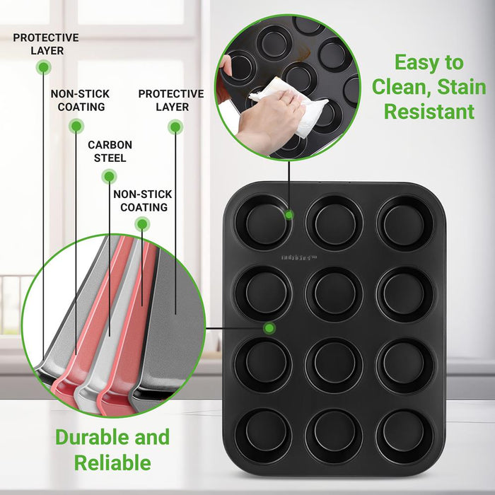 2-Piece 12 Cup Kitchen Oven Muffin Baking Pans With 100 Pieces Parchment Cupcake Liners - Deluxe Non-Stick Cupcake Cookie Sheet Bakeware (Black)