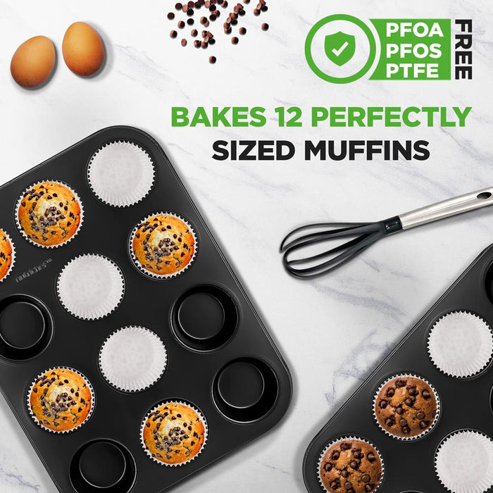 2-Piece 12 Cup Kitchen Oven Muffin Baking Pans With 100 Pieces Parchment Cupcake Liners - Deluxe Non-Stick Cupcake Cookie Sheet Bakeware (Black)