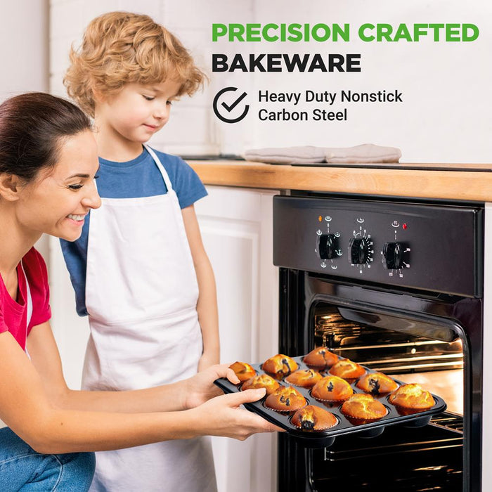 2-Piece 12 Cup Kitchen Oven Muffin Baking Pans With 100 Pieces Parchment Cupcake Liners - Deluxe Non-Stick Cupcake Cookie Sheet Bakeware (Black)