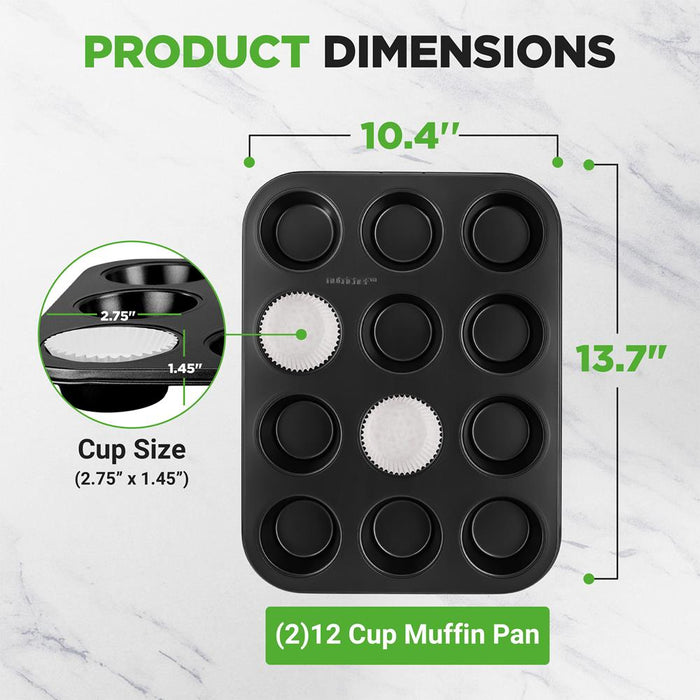2-Piece 12 Cup Kitchen Oven Muffin Baking Pans With 100 Pieces Parchment Cupcake Liners - Deluxe Non-Stick Cupcake Cookie Sheet Bakeware (Black)
