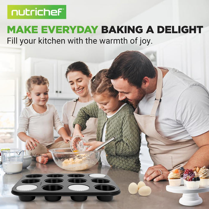 2-Piece 12 Cup Kitchen Oven Muffin Baking Pans With 100 Pieces Parchment Cupcake Liners - Deluxe Non-Stick Cupcake Cookie Sheet Bakeware (Black)