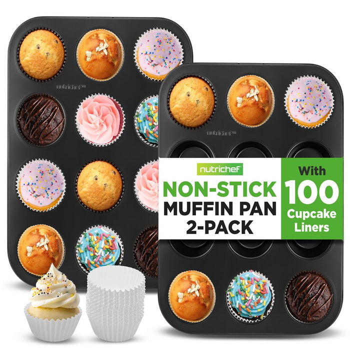 2-Piece 12 Cup Kitchen Oven Muffin Baking Pans With 100 Pieces Parchment Cupcake Liners - Deluxe Non-Stick Cupcake Cookie Sheet Bakeware (Black)