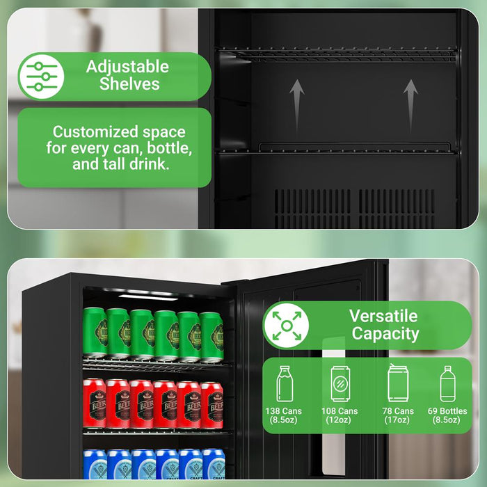 Beer Fridge 108-Can Capacity Glass Door Adjustable Temp Control