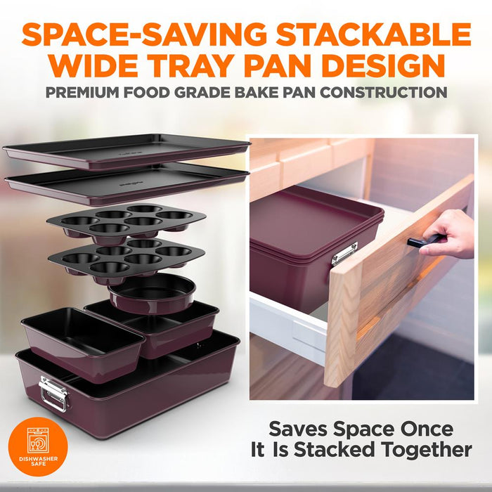 8Pcs. Stackable Carbon Steel Bakeware Sets - Non-Stick Coating, Bake Tray Sheet Bakeware Set (Purple)