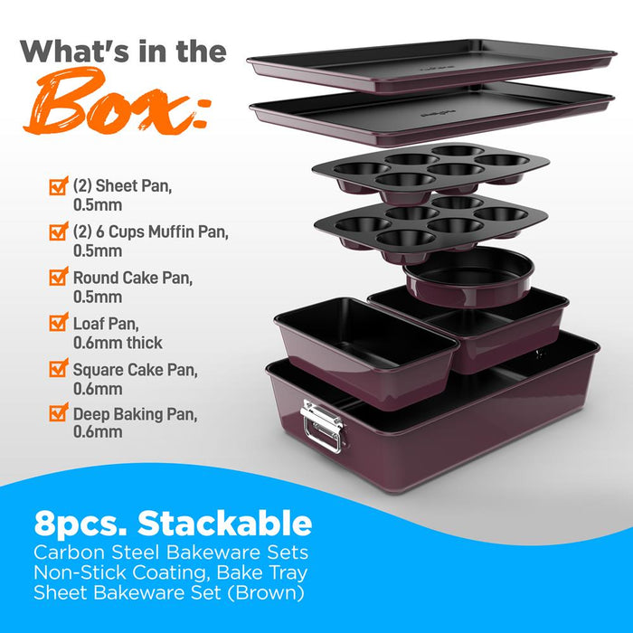 8Pcs. Stackable Carbon Steel Bakeware Sets - Non-Stick Coating, Bake Tray Sheet Bakeware Set (Purple)