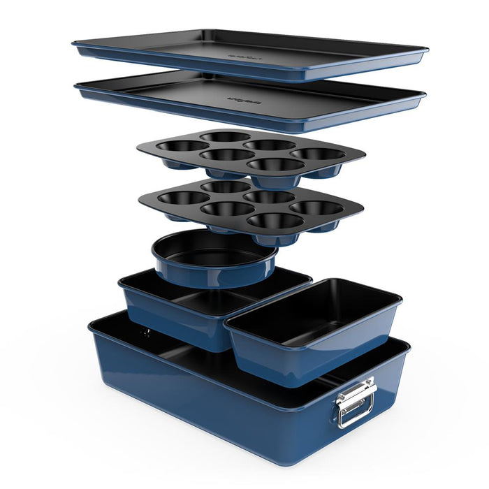 8Pcs. Stackable Carbon Steel Bakeware Sets - Non-Stick Coating, Bake Tray Sheet Bakeware Set (Blue)