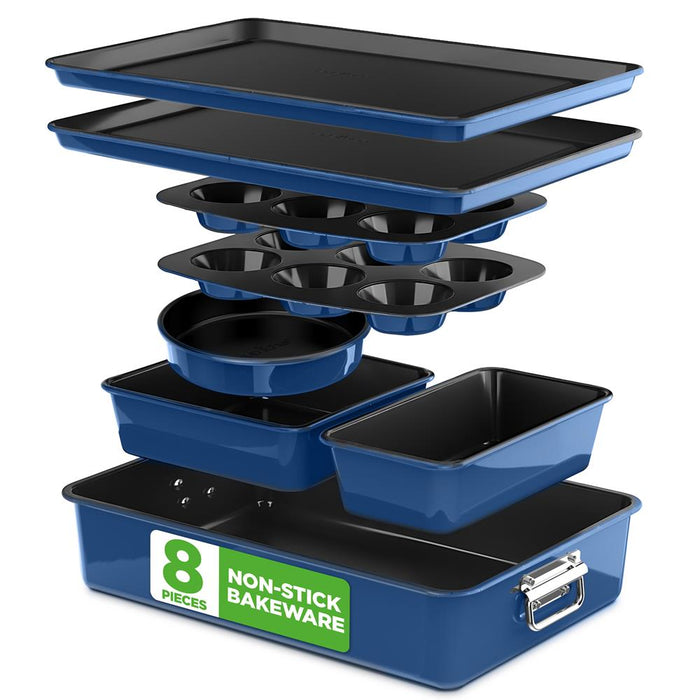 8-Piece Nonstick Bakeware Set - Space-Saving Carbon Steel, Blue
