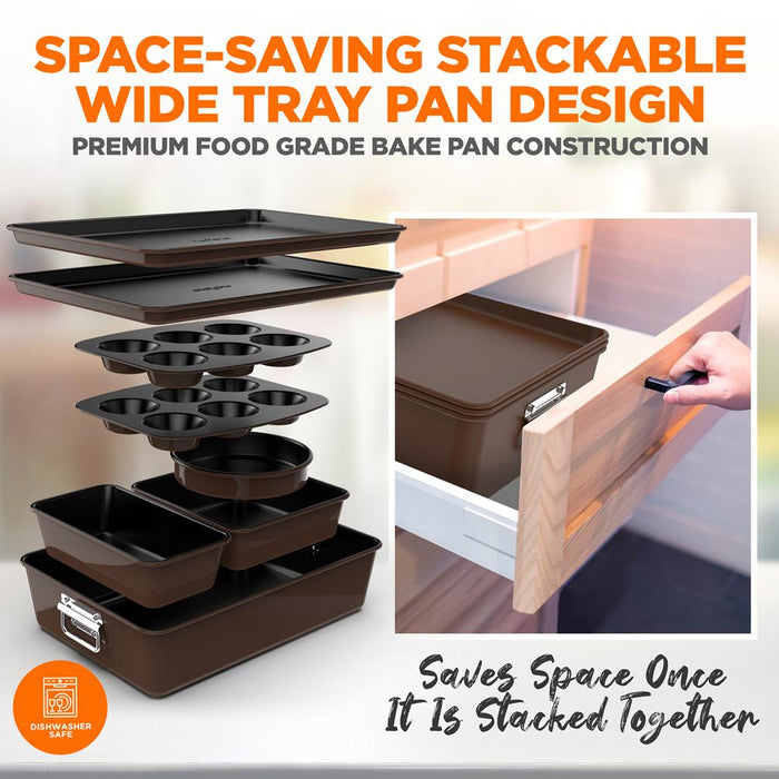 8Pcs. Stackable Carbon Steel Bakeware Sets - Non-Stick Coating, Bake Tray Sheet Bakeware Set (Brown)