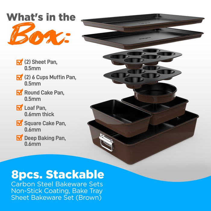 8Pcs. Stackable Carbon Steel Bakeware Sets - Non-Stick Coating, Bake Tray Sheet Bakeware Set (Brown)