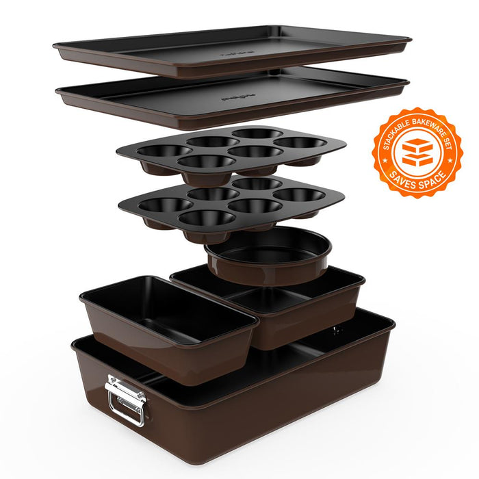 8Pcs. Stackable Carbon Steel Bakeware Sets - Non-Stick Coating, Bake Tray Sheet Bakeware Set (Brown)