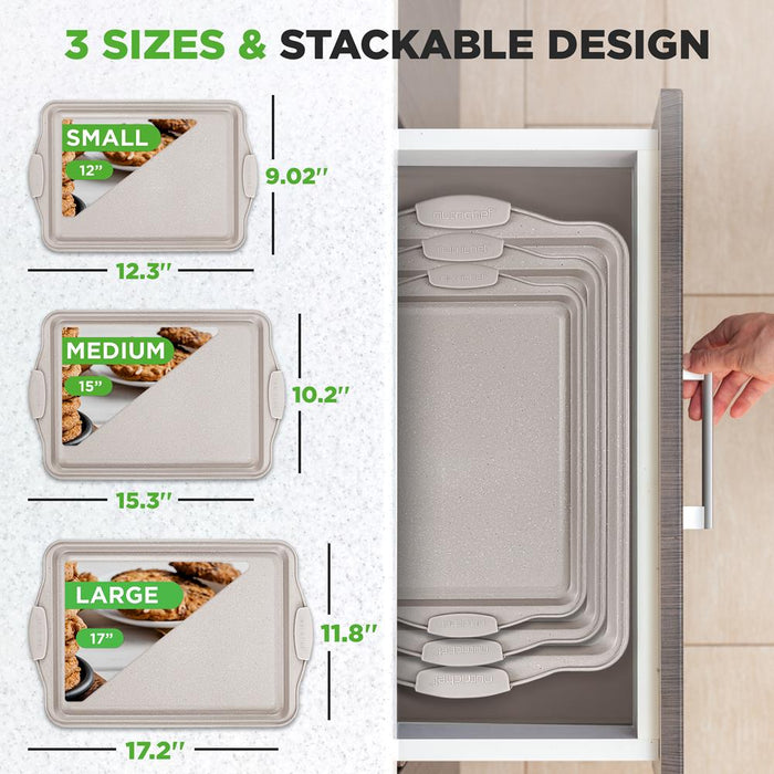 3-Piece Nonstick Cookie Sheets Set, Even Heat, Carbon Steel, Cream Marble
