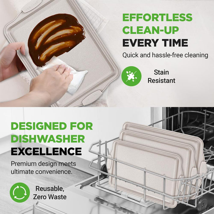 3-Piece Nonstick Cookie Sheets Set, Even Heat, Carbon Steel, Cream Marble