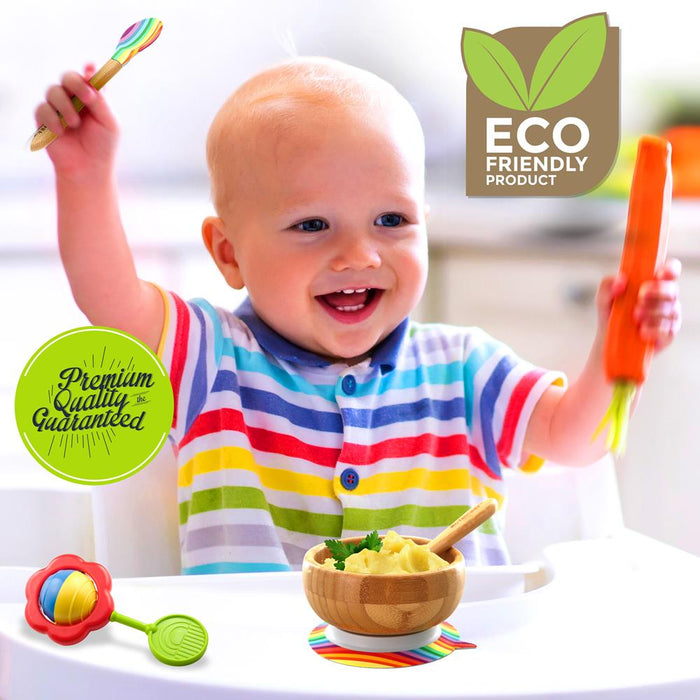 Rainbow Bamboo Bowl With Silicone Suction And Spoon For Baby And Toddlers