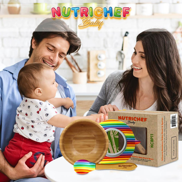 Rainbow Bamboo Bowl With Silicone Suction And Spoon For Baby And Toddlers