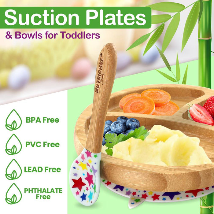 Stars Three Compartment Round Plate With Silicone Suction And Spoon For Baby And Toddlers