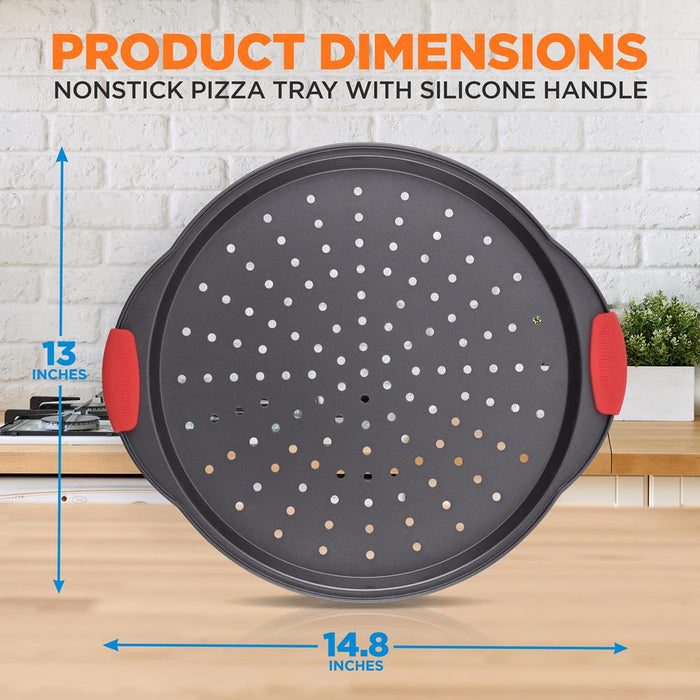 Non-Stick Pizza Tray With Silicone Handle - Round Steel Non-Stick Pan With Perforated Holes