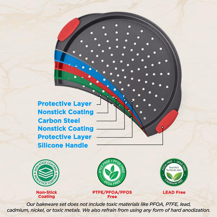 Non-Stick Pizza Tray With Silicone Handle - Round Steel Non-Stick Pan With Perforated Holes