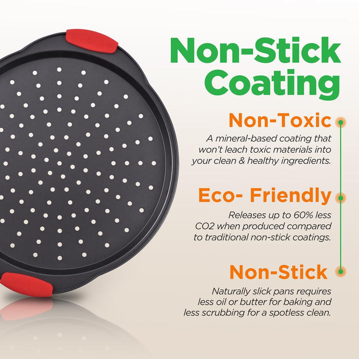 Non-Stick Pizza Tray With Silicone Handle - Round Steel Non-Stick Pan With Perforated Holes