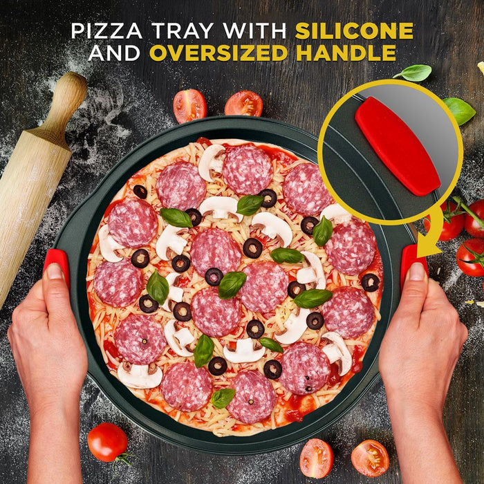 Non-Stick Pizza Tray With Silicone Handle - Round Steel Non-Stick Pan With Perforated Holes