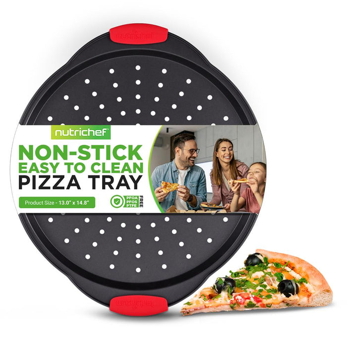 Non-Stick Pizza Tray With Silicone Handle - Round Steel Non-Stick Pan With Perforated Holes