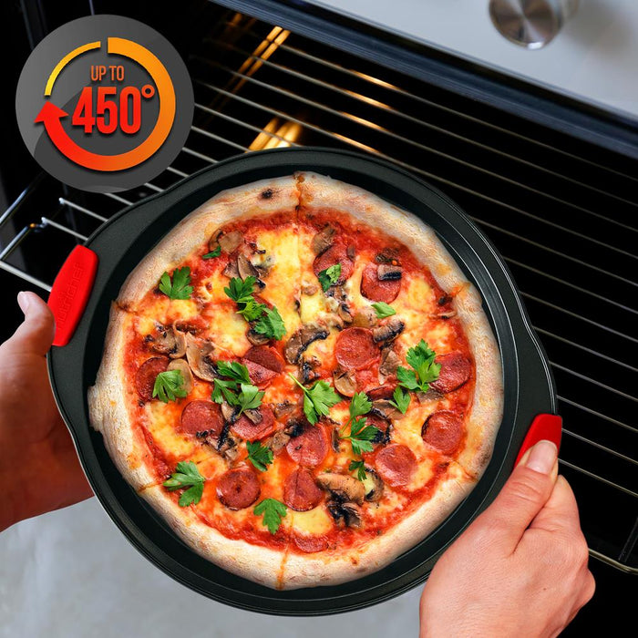 Non-Stick Pizza Tray With Silicone Handle - Round Steel Non-Stick Pan With Perforated Holes