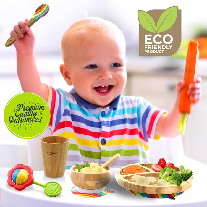 Rainbow Bamboo Dinnerware Set With Silicone Suction For Kids