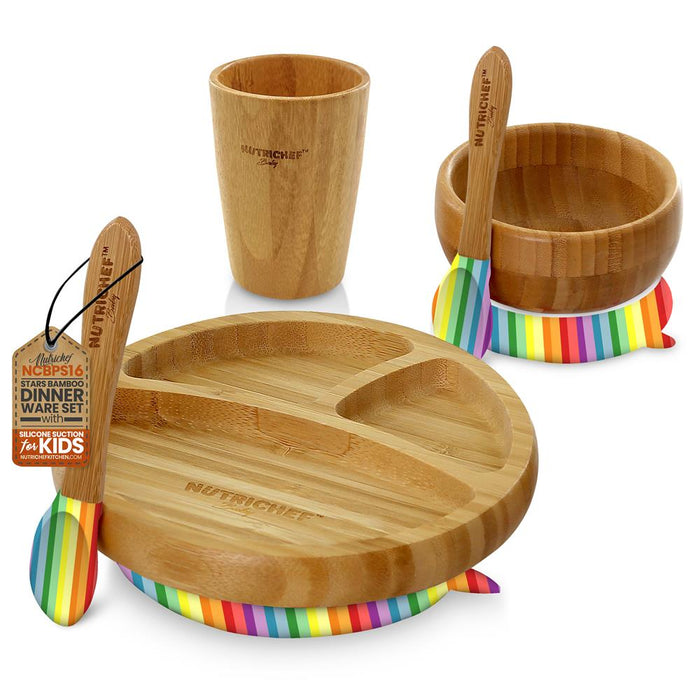 Rainbow Bamboo Dinnerware Set With Silicone Suction For Kids