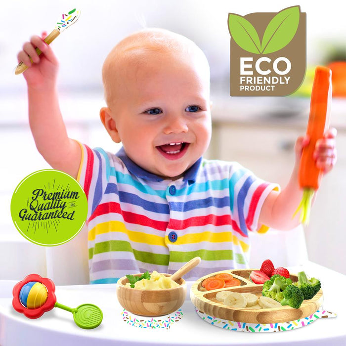 Sparkle Bamboo Dinnerware Set With Silicone Suction And Bibs For Kids