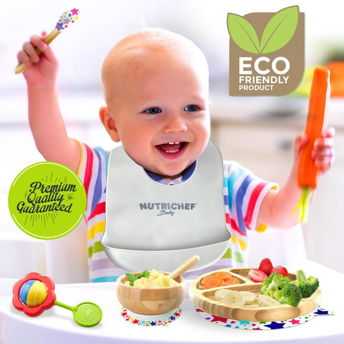 Stars Bamboo Dinnerware Set With Silicone Suction And Bibs For Kids