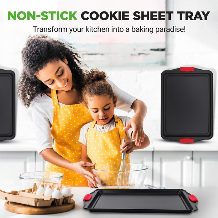 3-Piece Nonstick Cookie Sheets - Even Heat Carbon Steel, Red Handles