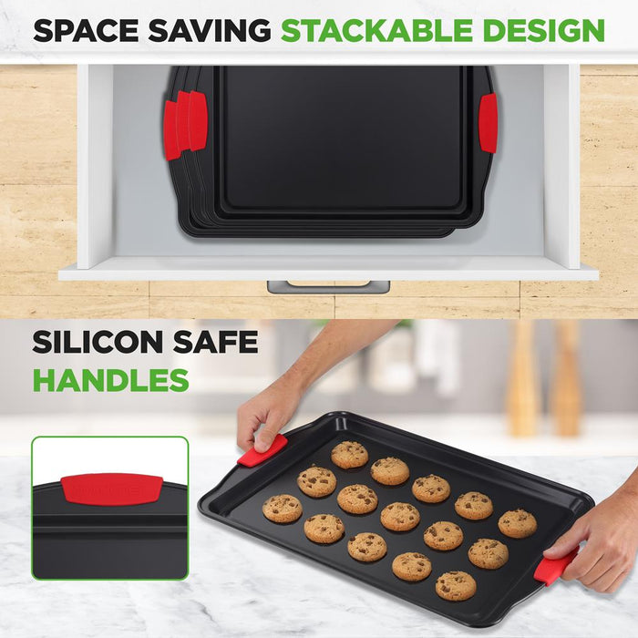 3-Piece Nonstick Cookie Sheets - Even Heat Carbon Steel, Red Handles