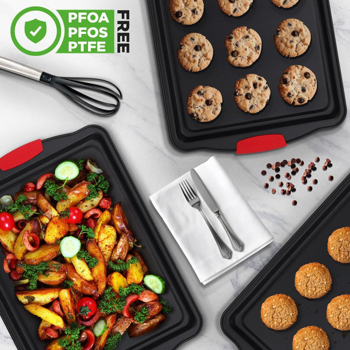 3-Piece Nonstick Cookie Sheets - Even Heat Carbon Steel, Red Handles