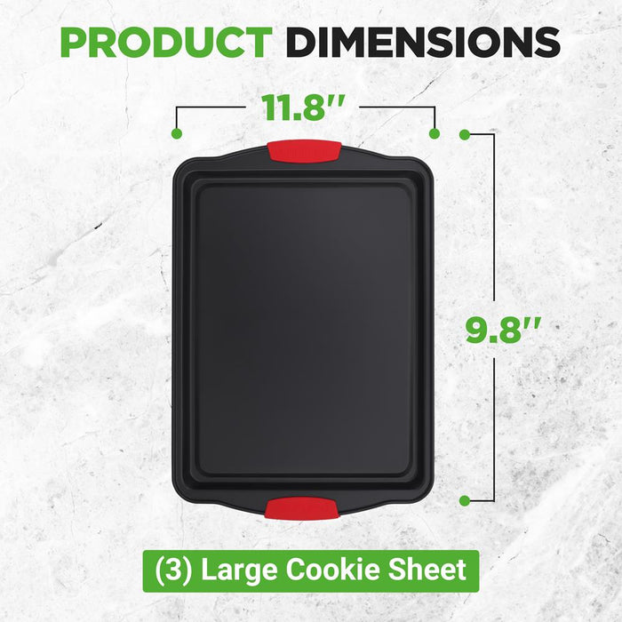 3-Piece Nonstick Cookie Sheets - Even Heat Carbon Steel, Red Handles