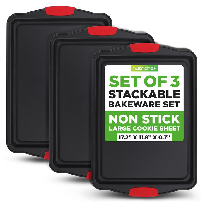 3-Piece Nonstick Cookie Sheets - Even Heat Carbon Steel, Red Handles