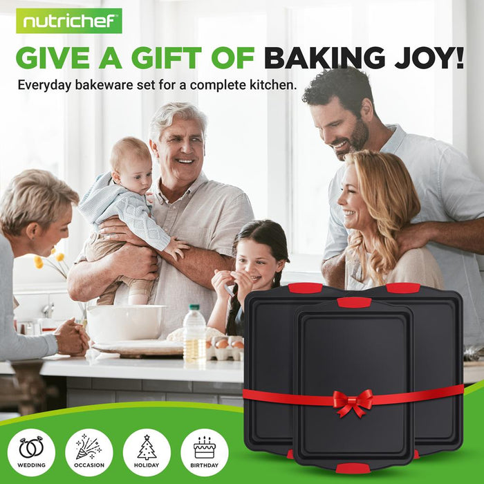3-Piece Nonstick Cookie Sheets - Even Heat Carbon Steel, Red Handles