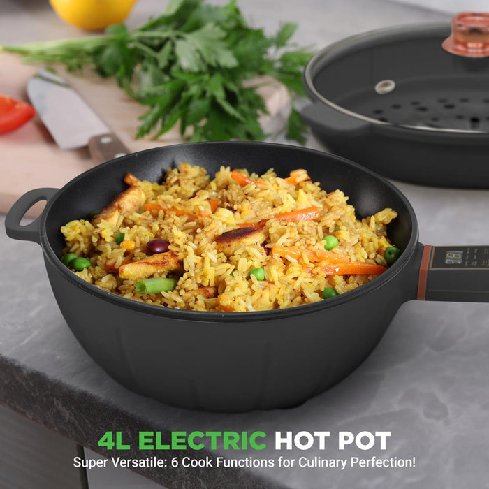 Multifunctional Electric Frying Pan - Non-Stick Pan With Durable Handle, 4L Large Capacity + 4L Steamer, 1000W, Designed With Control Panel, 3 Pin Us Plug (Black)